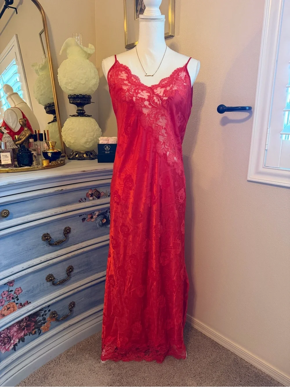 Vintage Red Lace Satin Slip Gown - Picture 2 of 4